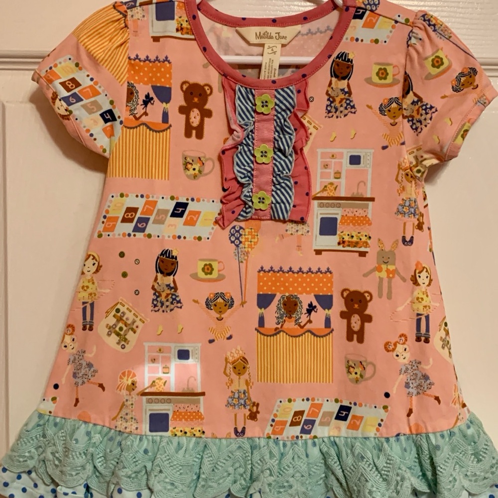 Matilda Jane Pink and Teal Teddy and Tea Graphic Dress Size 4